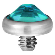 Load image into Gallery viewer, A high-quality titanium disc attachment with a sparkling crystal designed for Dermal Anchors with a threaded screw for internally threaded piercing jewellery.
