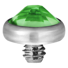Load image into Gallery viewer, A high-quality titanium disc attachment with a sparkling crystal designed for Dermal Anchors with a threaded screw for internally threaded piercing jewellery.
