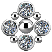 Load image into Gallery viewer, Titanium Internally threaded attachment with four white premium zirconias with a small plain ball between, centred around a larger plain ball
