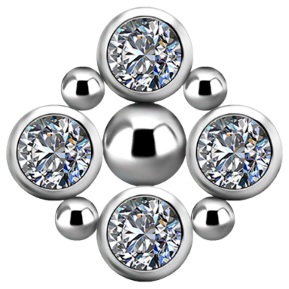 Titanium Internally threaded attachment with four white premium zirconias with a small plain ball between, centred around a larger plain ball