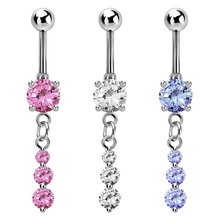 Load image into Gallery viewer, Three navel barbells with coloured cubic zirconia stones and dangling triple gem charms on a white background
