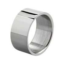 Load image into Gallery viewer, Wide silver stainless steel ring on transparent background 
