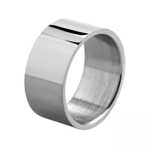 Load image into Gallery viewer, Wide silver stainless steel ring on transparent background 
