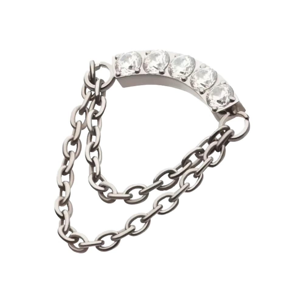 INVICTUS Titanium 5-Cluster Paved Cubic Zirconia Curved Bar Top with Double Connecting Chain Threadless Attachment