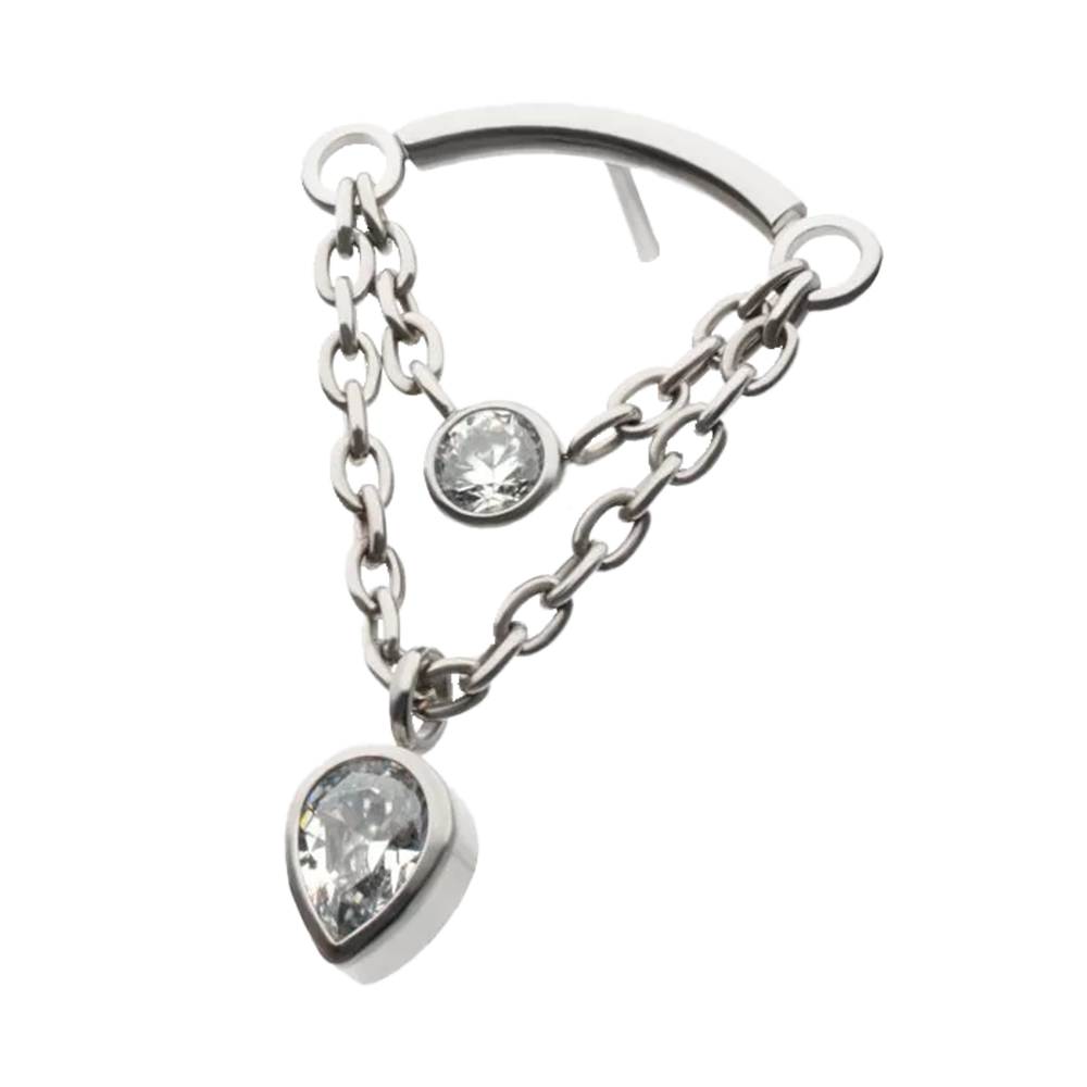 INVICTUS Titanium Curved Bar top with Double Connecting Chain with Bezel Round & Teardrop Cubic Zirconia Threadless Attachment