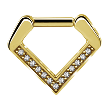 Load image into Gallery viewer, A V-shaped chevron-style jewelled clicker with a shiny metallic finish and set with cubic zirconias.
