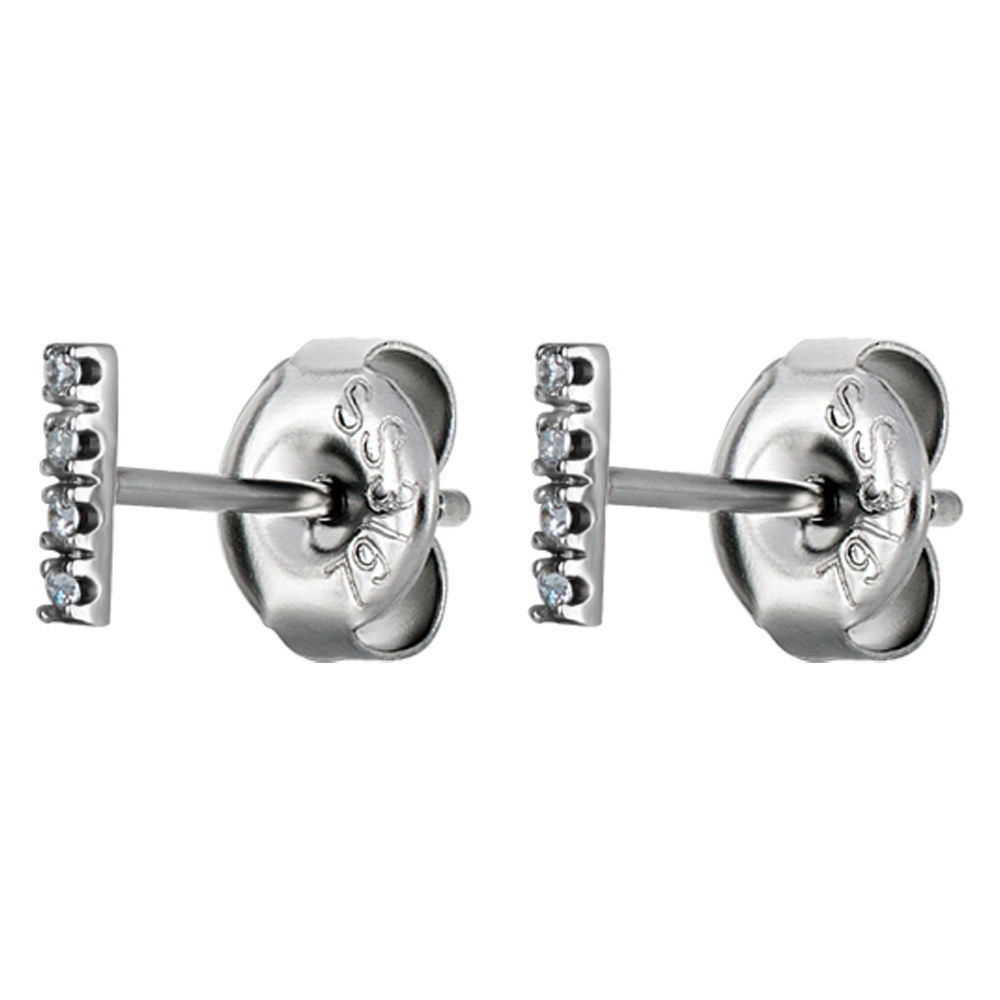 A pair of surgical steel stud earrings featuring a straight bar design with cubic zirconia embellishments.