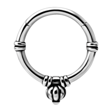 Load image into Gallery viewer, A steel hinged ring jewellery with a geometric pattern and an acorn design on the hinge.

