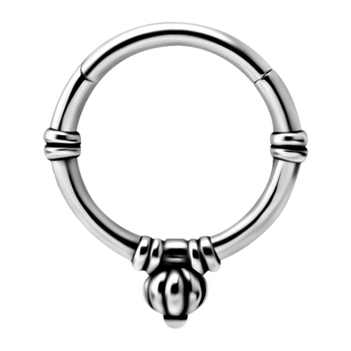 A steel hinged ring jewellery with a geometric pattern and an acorn design on the hinge.