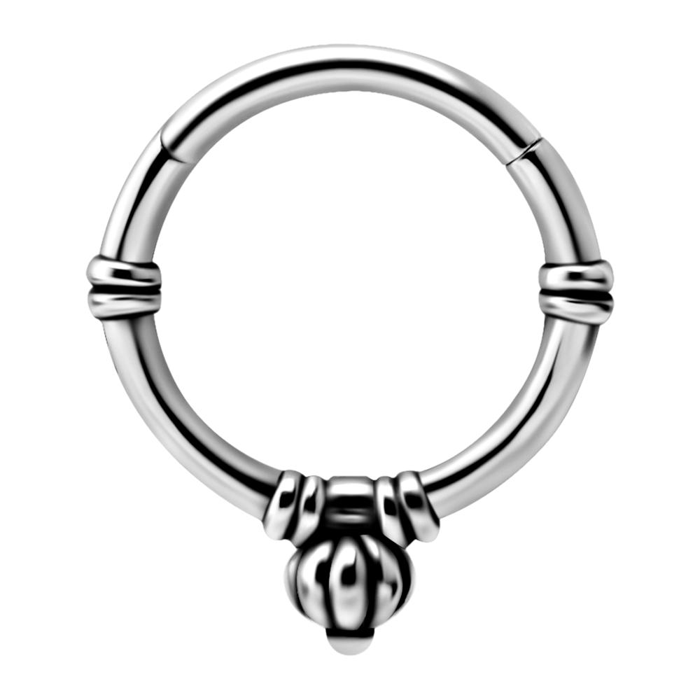 A steel hinged ring jewellery with a geometric pattern and an acorn design on the hinge.