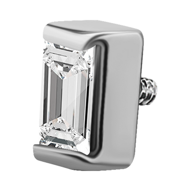 A steel attachment with a baguette-shaped premium crystal, designed for use in body piercing jewellery.