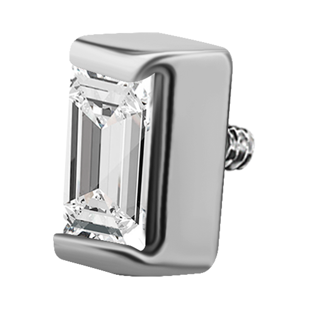 A steel attachment with a baguette-shaped premium crystal, designed for use in body piercing jewellery.