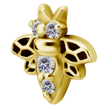 Load image into Gallery viewer, a jewelled bee internally threaded attachment made from 24k gold PVD surgical steel 
