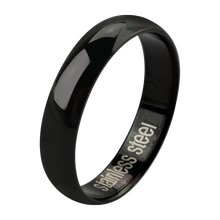 Load image into Gallery viewer, A plain black stainless steel thin band ring with rounded edges and the text 'stainless steel' engraved on it.
