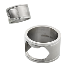 Load image into Gallery viewer, A stainless steel bottle opener ring with a matte polished finish, viewed from two angles, one showing the top of the ring with the opening, and the other showing the side profile.
