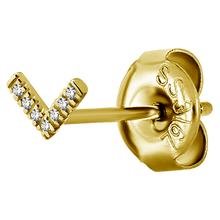 Load image into Gallery viewer, A 24k gold PVD surgical steel chevron ear stud paved with cubic zirconia stones
