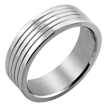 Load image into Gallery viewer, A polished, silver-coloured stainless steel finger band with flat edges and four grooved lines running around its circumference.
