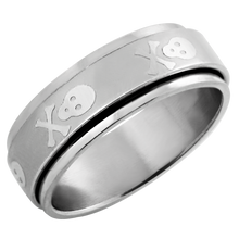Load image into Gallery viewer, A stainless steel spinner ring with a polished finish featuring a skull and crossbones design.

