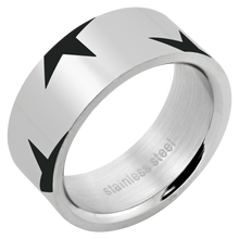 Load image into Gallery viewer, Polished silver stainless steel finger ring with black star design 
