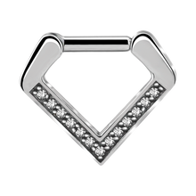 Load image into Gallery viewer, A V-shaped chevron-style jewelled clicker with a shiny metallic finish and set with cubic zirconias.
